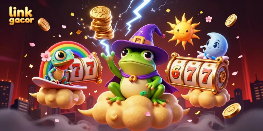Experience the slot action with the link gacor storm of golden coins, vibrant frog wizard, and chameleon in this dynamic 3D illustration.