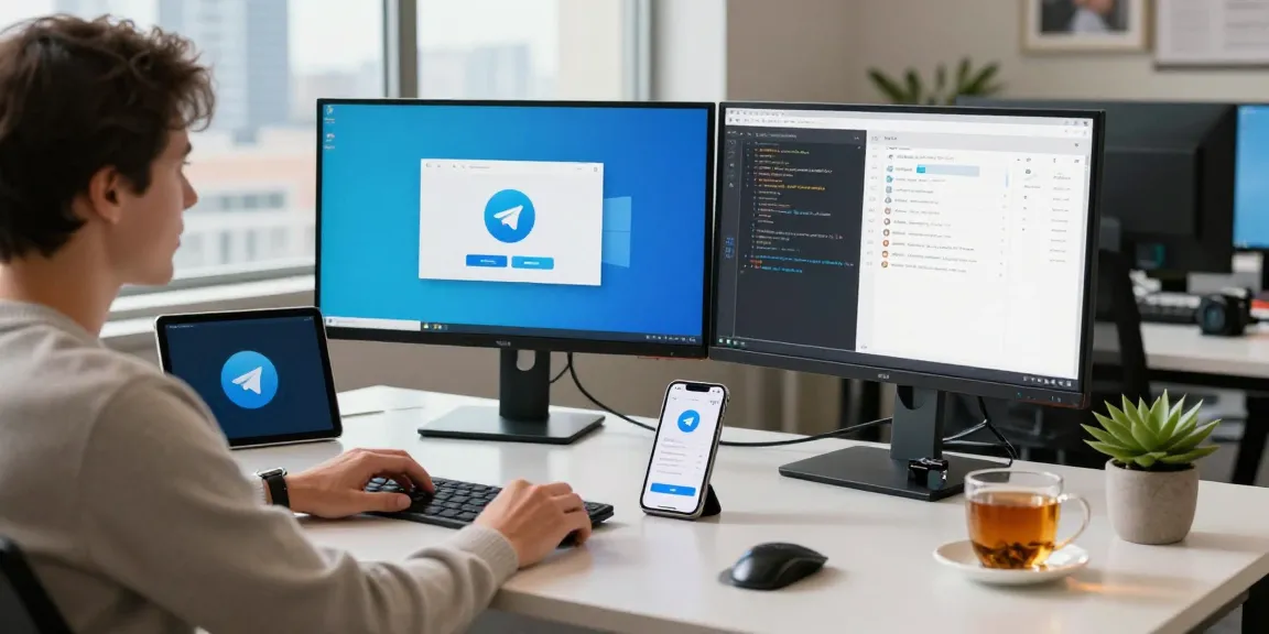 Using Telegram Web Version on a dual-monitor setup in a modern workspace with tech gadgets.