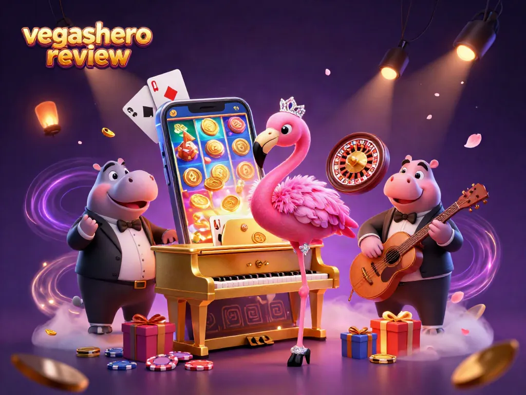 Experience the excitement of gambling in this vibrant vegashero review illustration filled with slot games and lively characters.