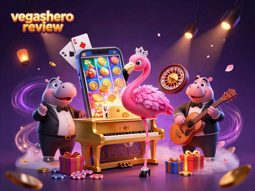 Experience the excitement of gambling in this vibrant vegashero review illustration filled with slot games and lively characters.