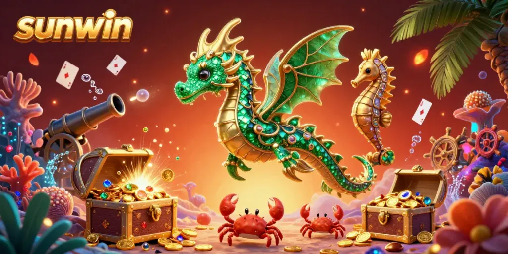 Experience the vibrant world of sunwin with emerald sea dragons, floating cash, and stunning underwater treasures.