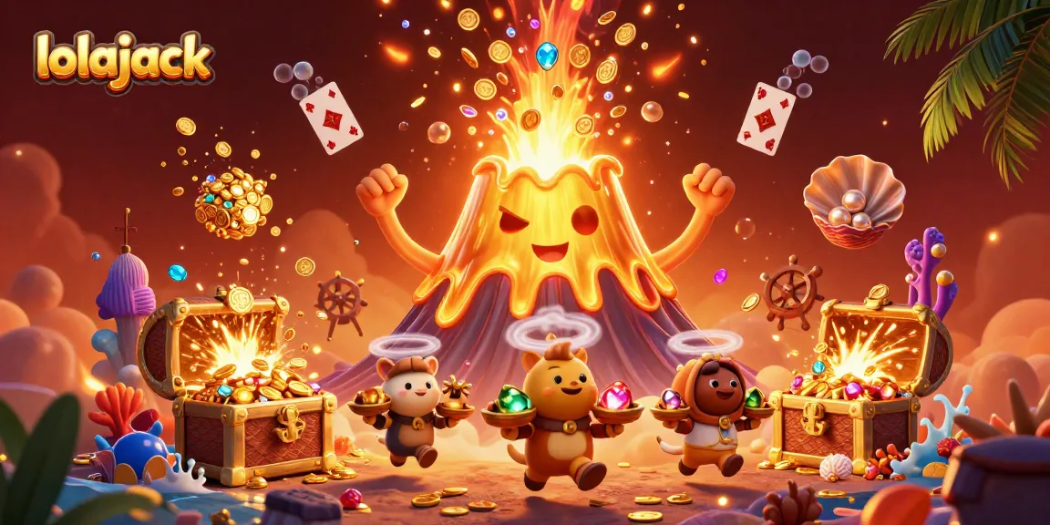 Experience thrilling wins at lolajack Casino with vibrant 3D illustration of treasures and gaming elements.