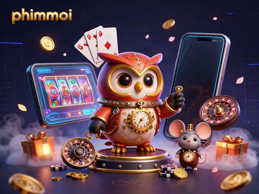 Experience thrilling gaming action with phimmoi, featuring a whimsical time-traveler owl in a vibrant casino setting.