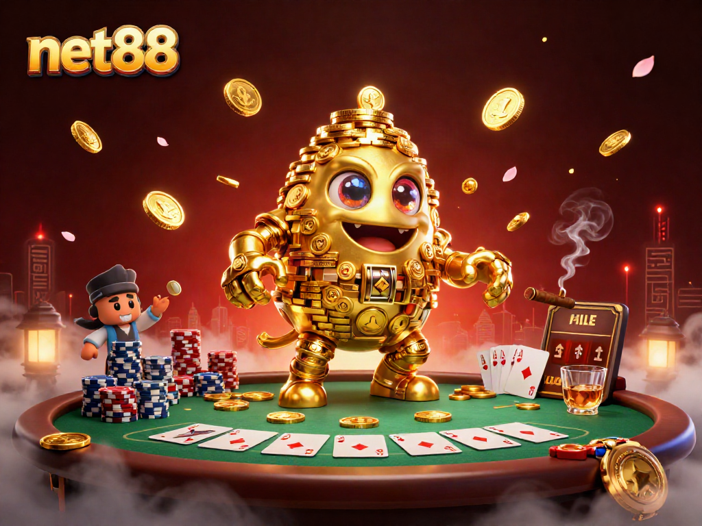 Spin the slots at net88 while enjoying a vibrant poker scene with glowing effects.