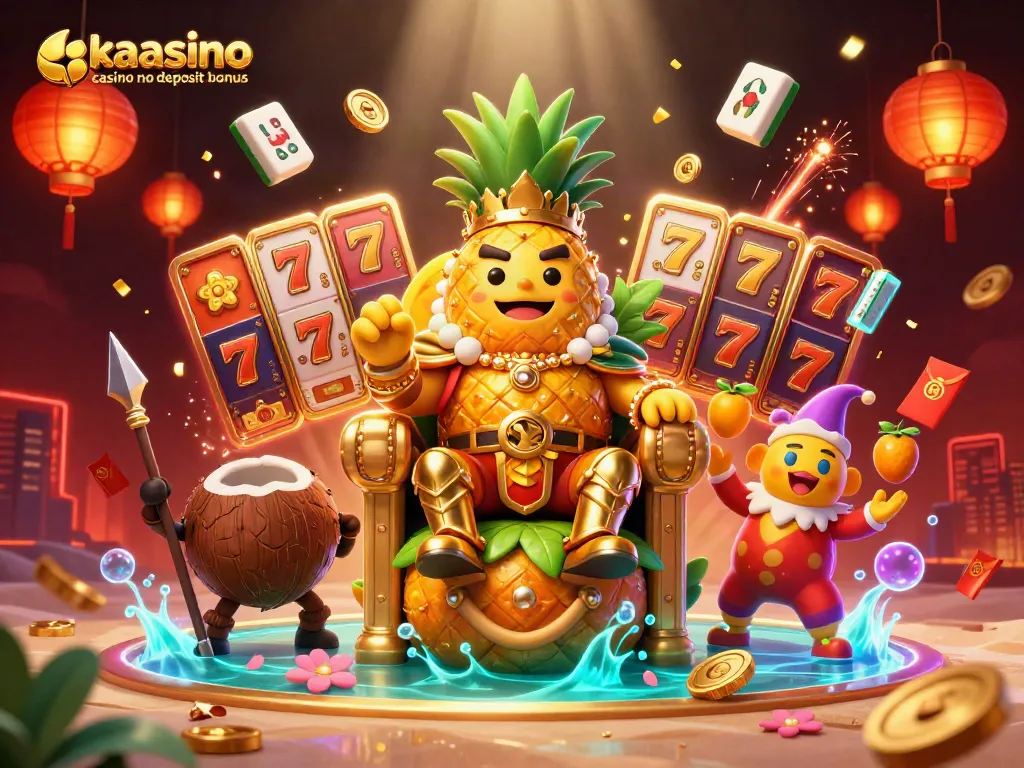 Kaasino casino no deposit bonus promoting excitement with a vibrant 3D illustration of a golden pineapple king and casino elements.