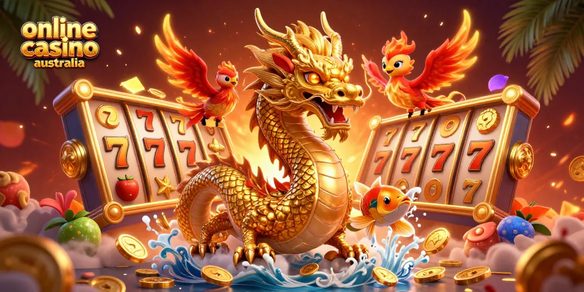 Engage in the vibrant world of online casino Australia with a dragon, phoenix, and koi fish amidst spinning slot reels.