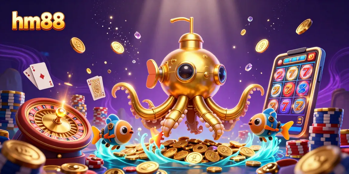 Engage in top-notch gaming at hm88 featuring a golden kraken submarine and vibrant casino elements.